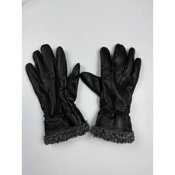 Black Leather Gloves with Plush Gray Fleece Lining Cold Weather size M - Image 2