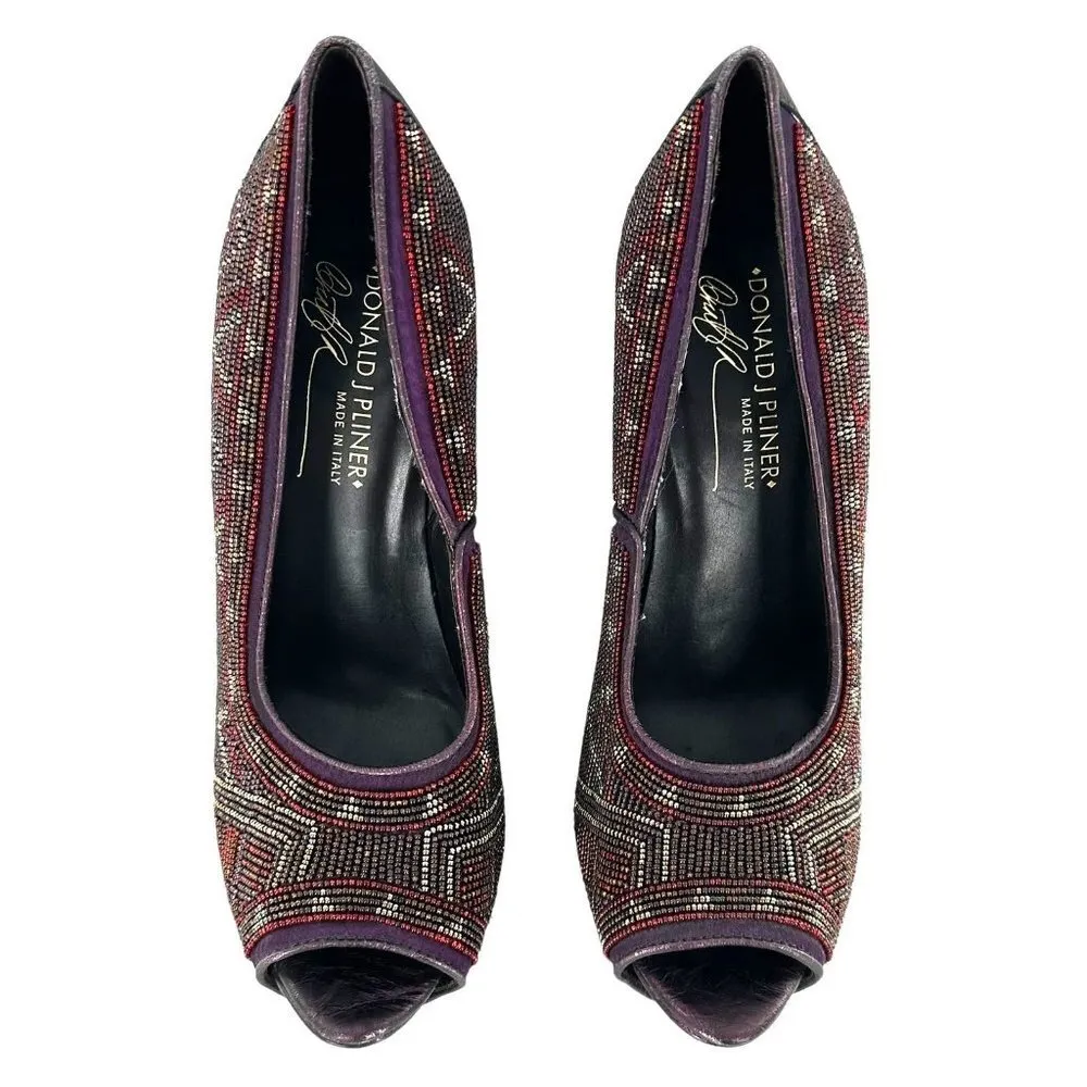 Donald J. Pliner CECI Purple Beaded Peep Toe Platform Heels Size 7.5 M Pumps - Image 4