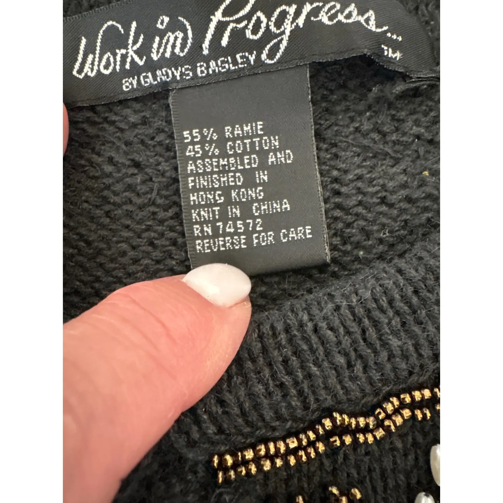 Vintage 90' Gladys Bagley Beaded Embroidered Snowflake Cardigan Women's Blk Med Black - Image 3