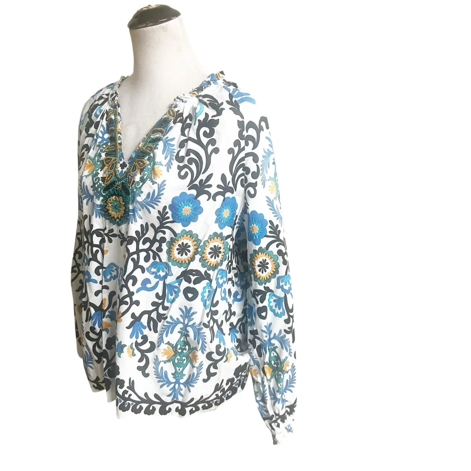 Soft Surroundings Beaded V- Neck Floral Peasant Top Long Sleeve Multicolor Large - Image 2