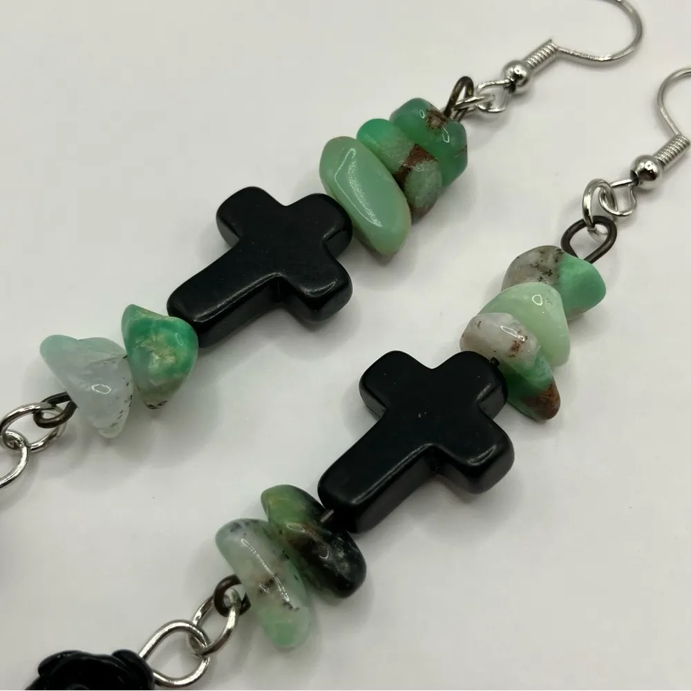 Handmade Black Cross, Rose, and Green Chrysoprase Crystal Dangle Earrings - Image 3