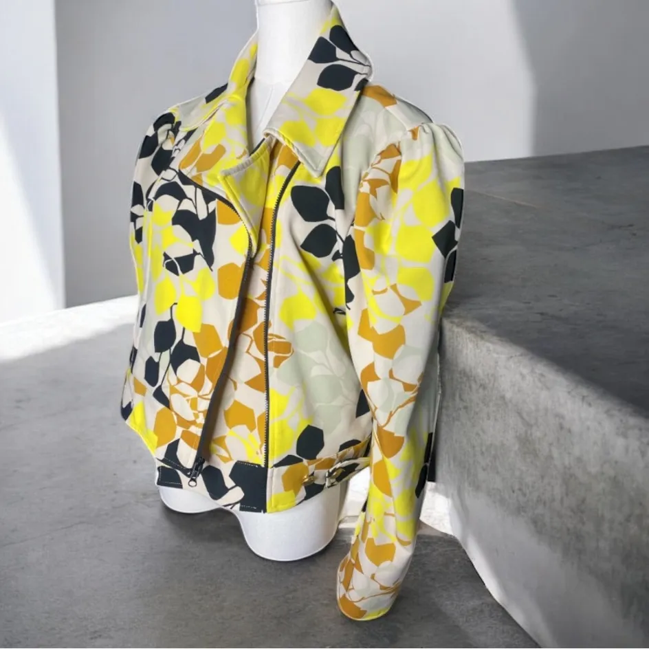 Petit Pois by Viviana G Abstract Floral Print Biker Jacket Size L Yellow Size L - Image 5