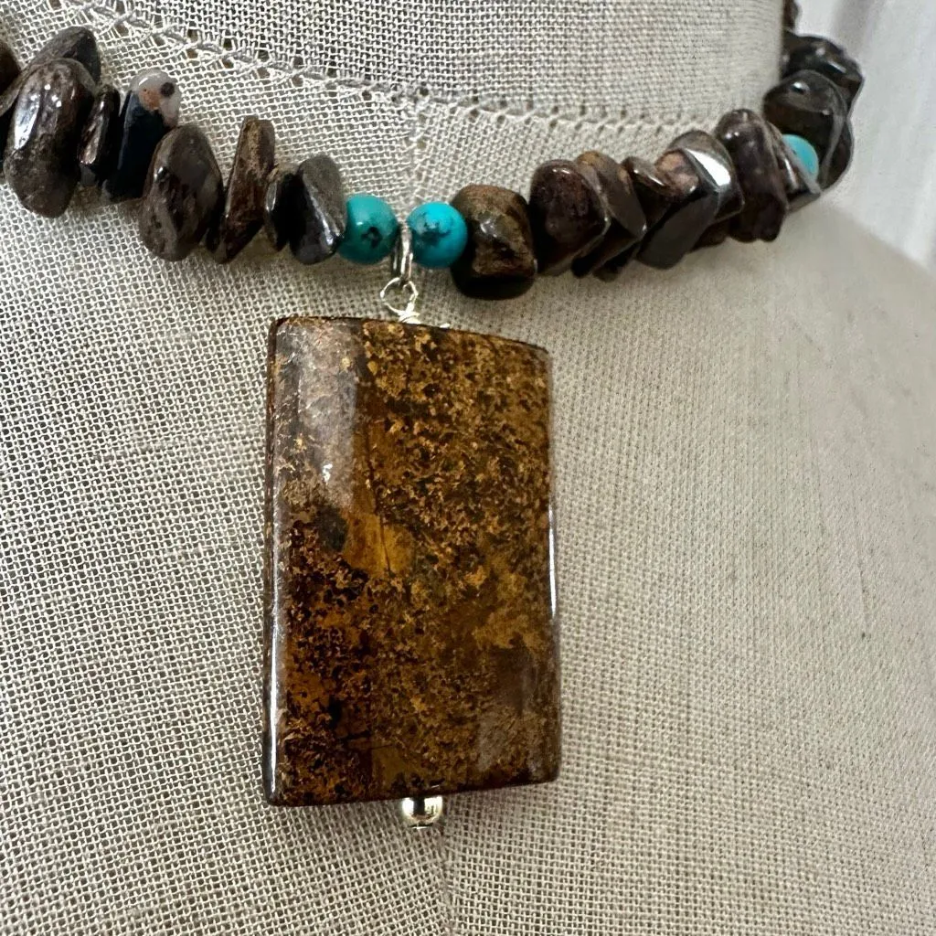 Sterling Silver Jasper & Turquoise Bead Necklace with Large Rectangular Pendant - Image 2