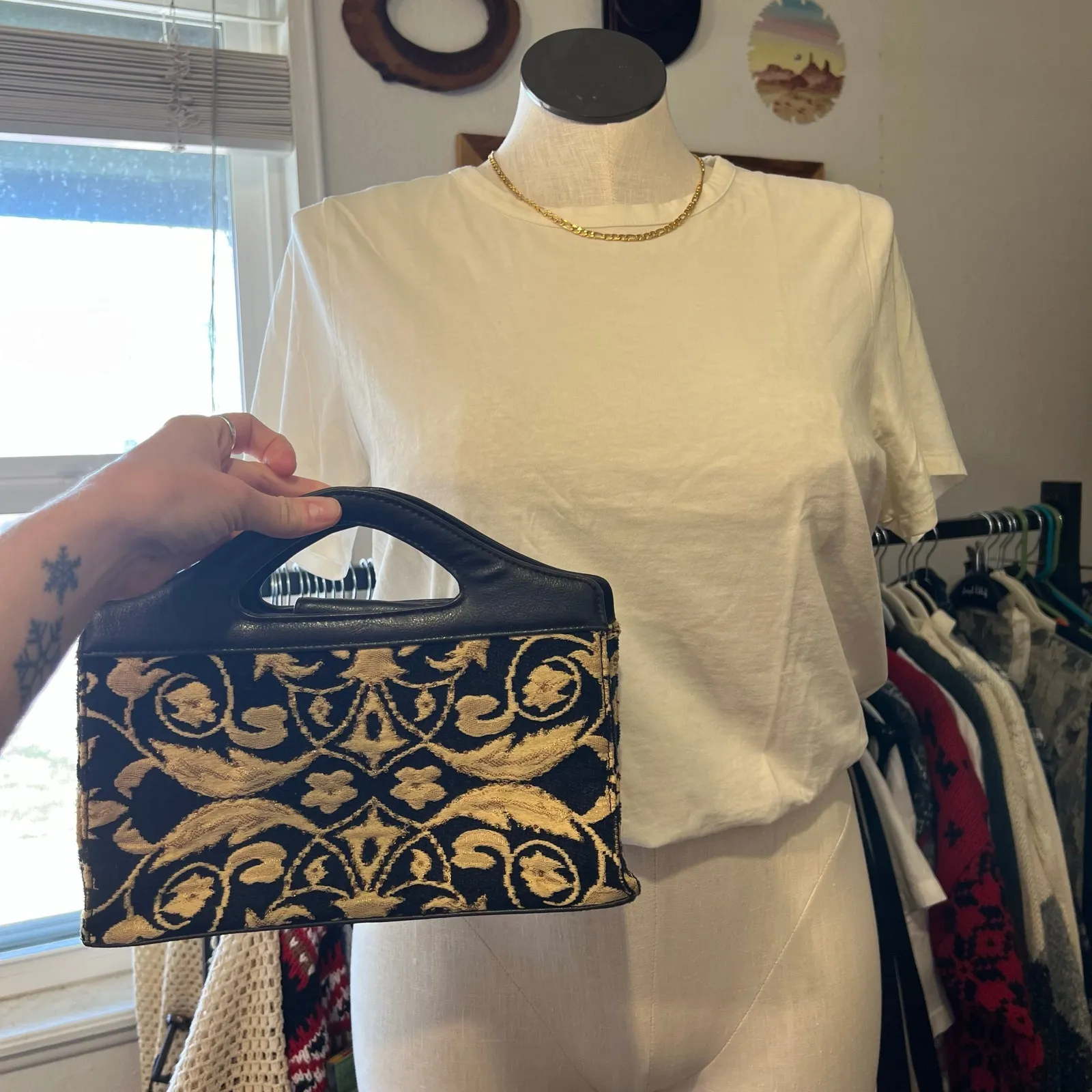 Vintage 90s Black Leather Victorian Tapestry Beaded Top Handle Small Bag - Image 6