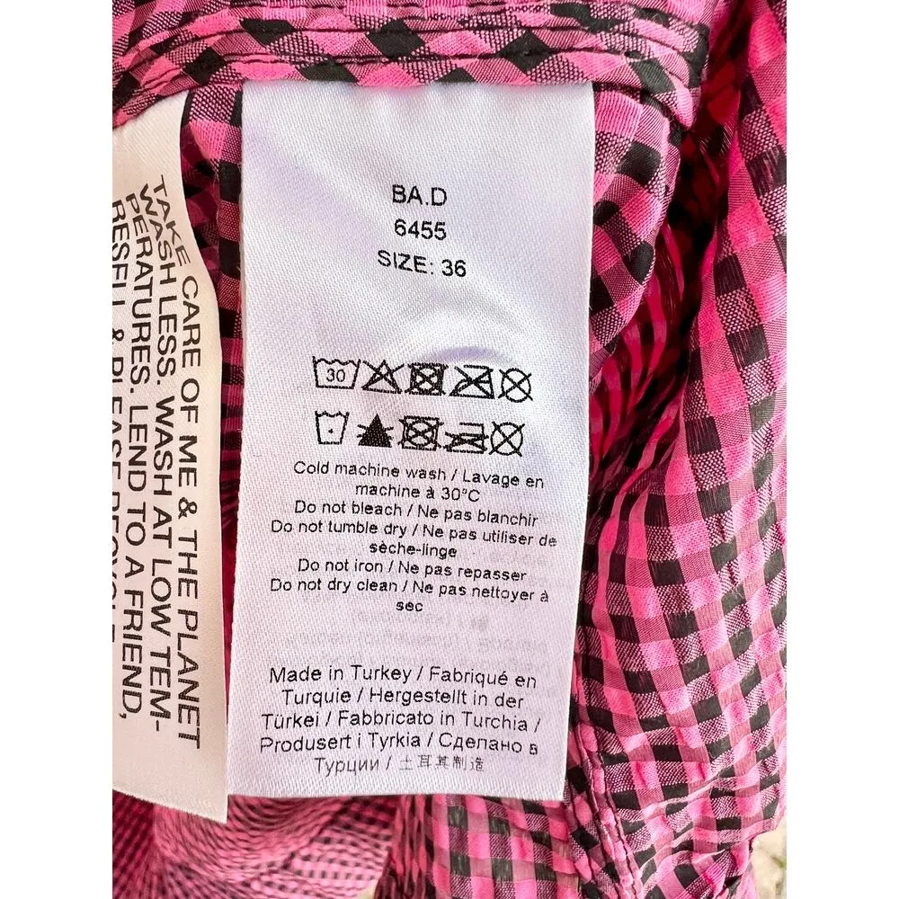 $400 Ganni Shirred Gingham Seersucker V-Neck Midi Dress Pink/Black Sz 36 / US 10 - Image 10