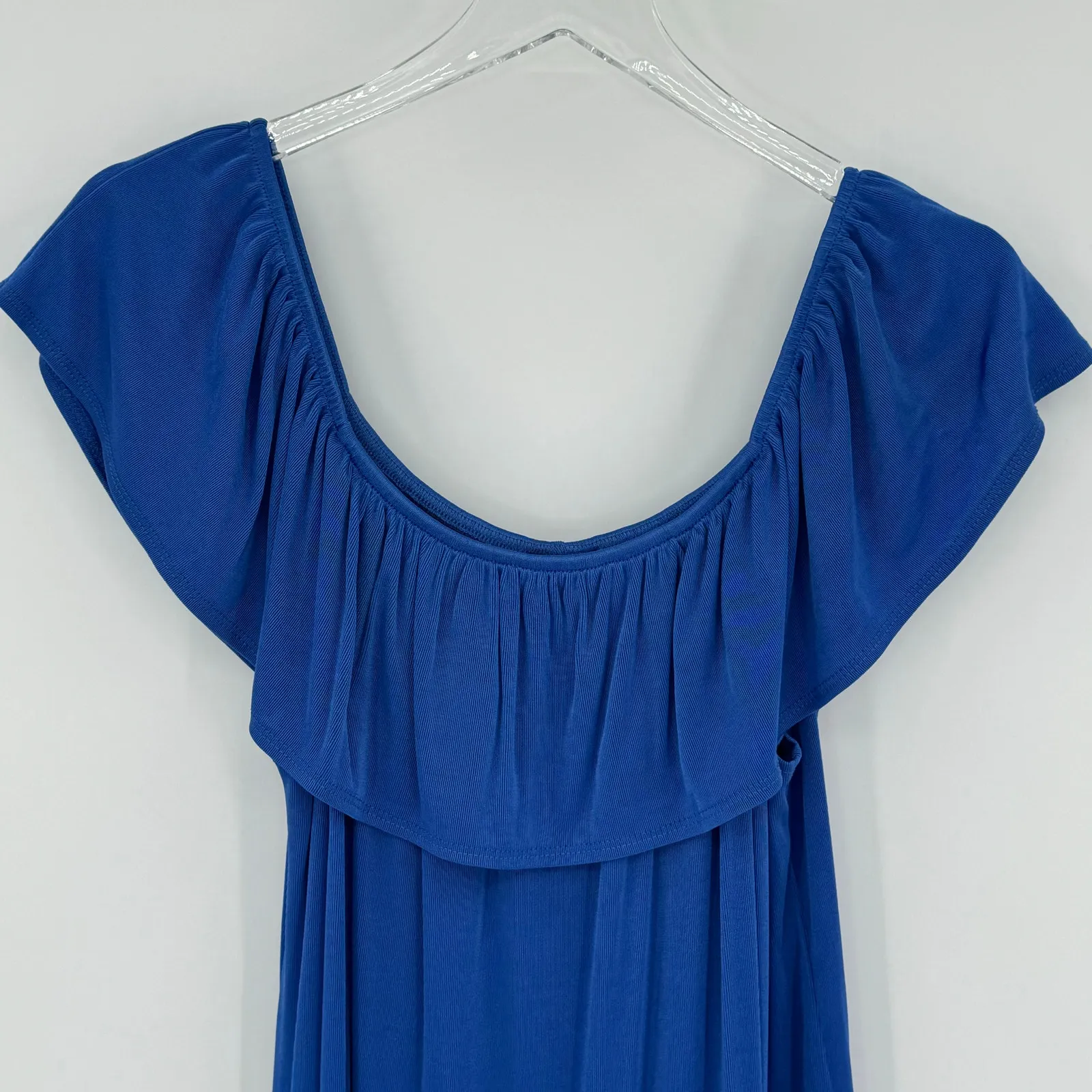 Slinky Brand dress 1X off shoulder tiered ruffle hem shift stretch travel blue - Image 3