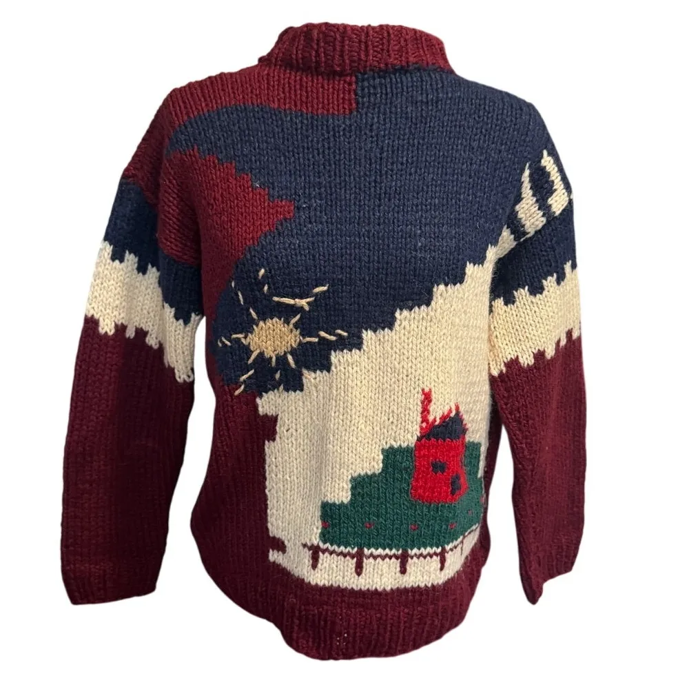 Vintage 80s–90s Greek Wool Holiday Sweater Cabin Scene Cottagecore Red Size M - Image 2