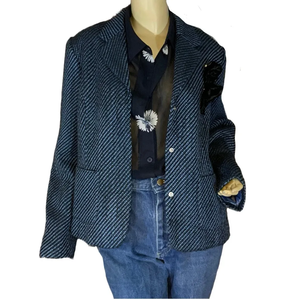 VINTAGE Y2K SAG HARBOR BLUE & BLACK HERRINGBONE BLAZER W/VELOUR FLORAL PINS (14) - Image 6