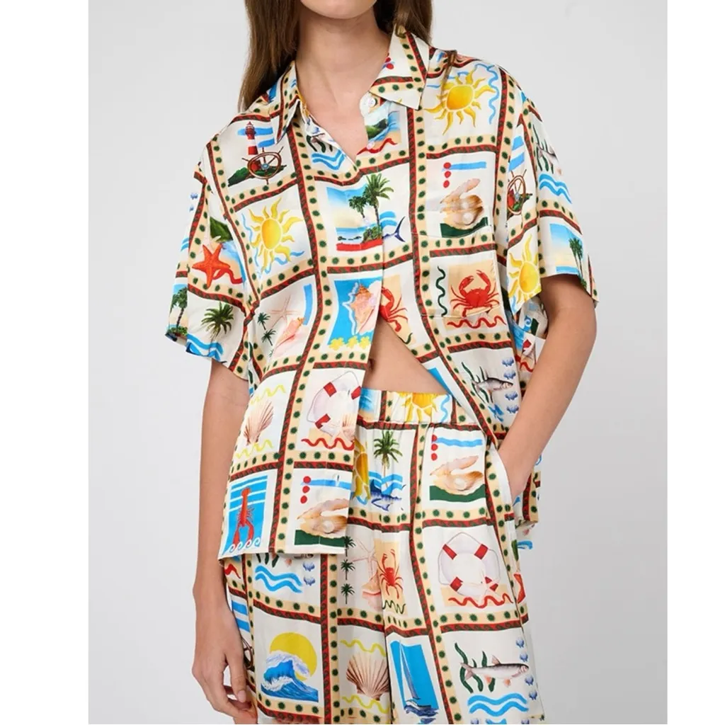 WeWoreWhat XL Art to Wear Coastal Beach Scene Souvenir Oversized Silky Dad Shirt - Image 13