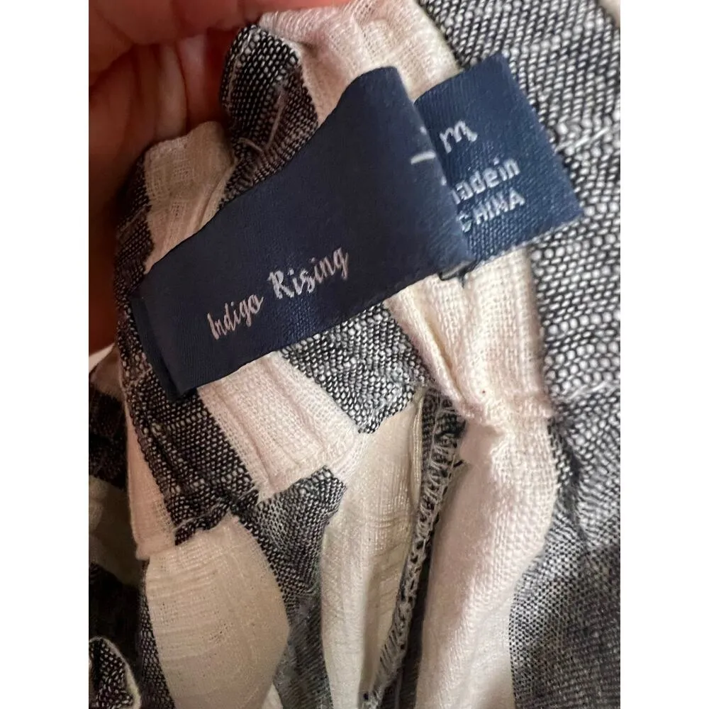 Indigo Rising Ivory Black Striped Wide Leg Belted Tie Waist Linen Pants Size M Size M - Image 10