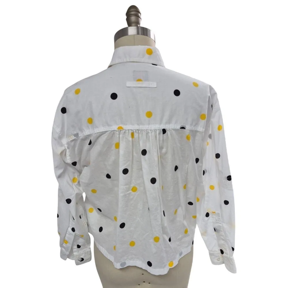80s Vtg LizSport White Cotton Blouse Black/Yellow Polka Dots Secretary - Image 3