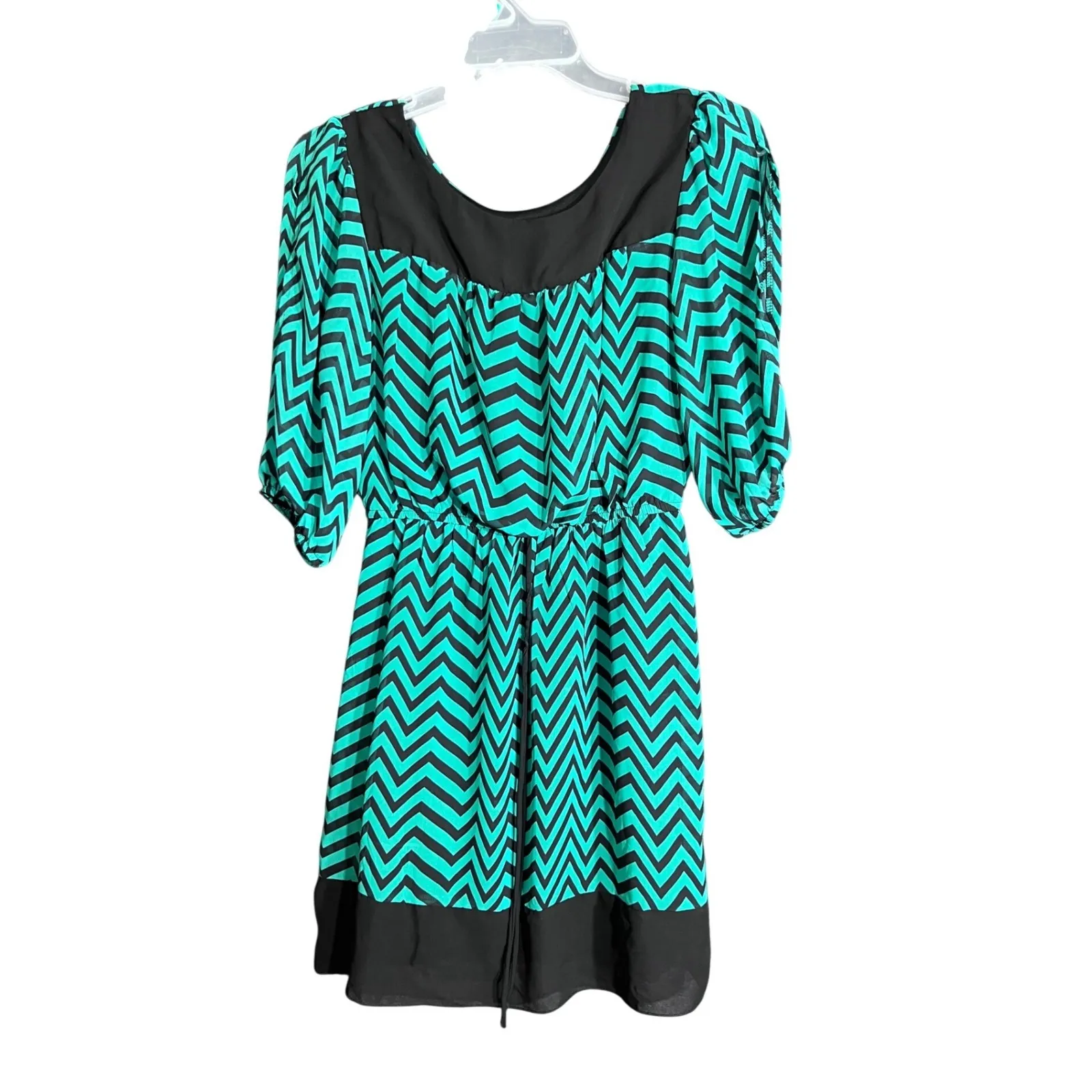 Enfocus Midi Dress Womens 6P Petites Black Teal Chevron Print Slit Sleeve Boho - Image 2