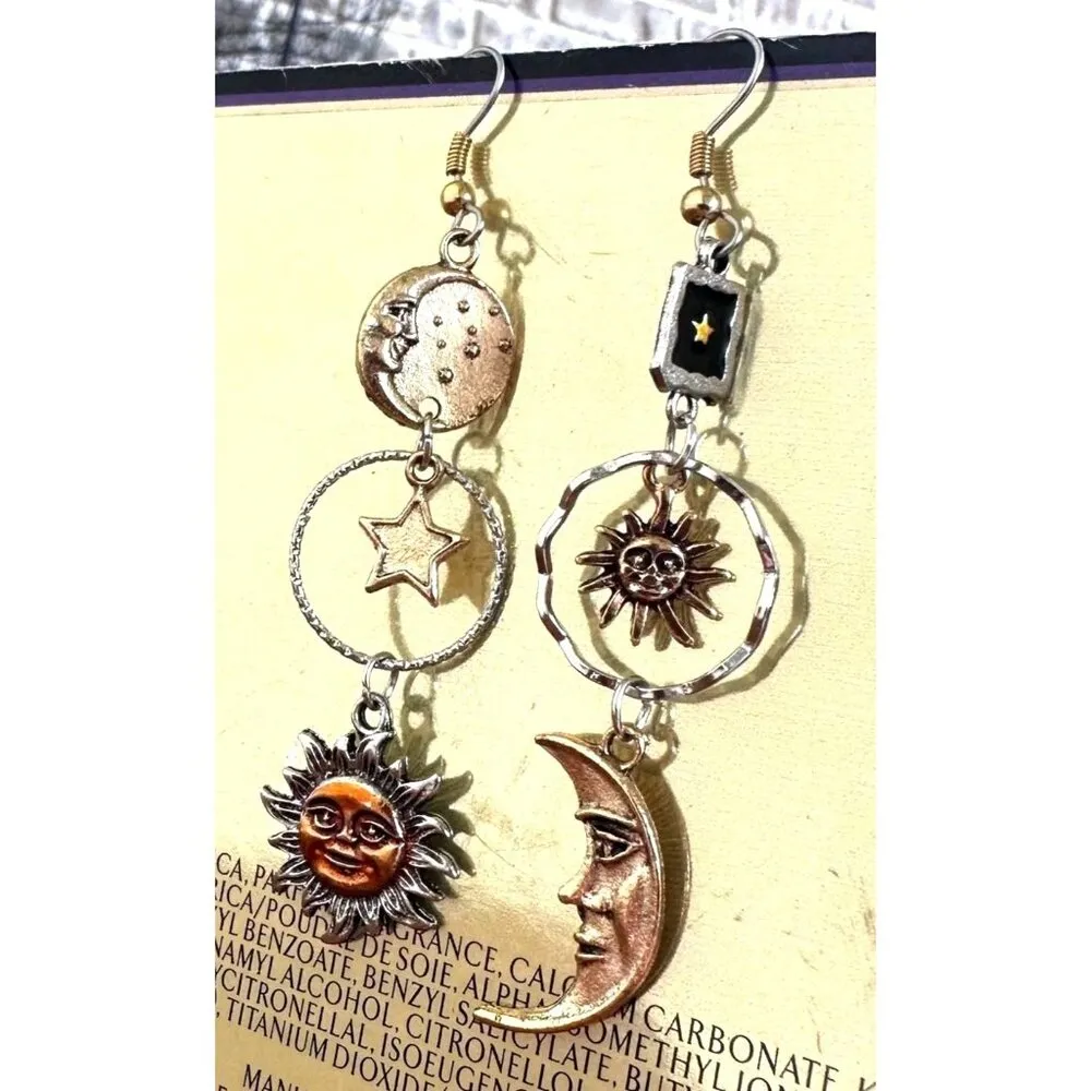 Celestial Sun Moon Stars Earrings Dangle Tarot Halloween Eclectic Mismatched Gold - Image 7