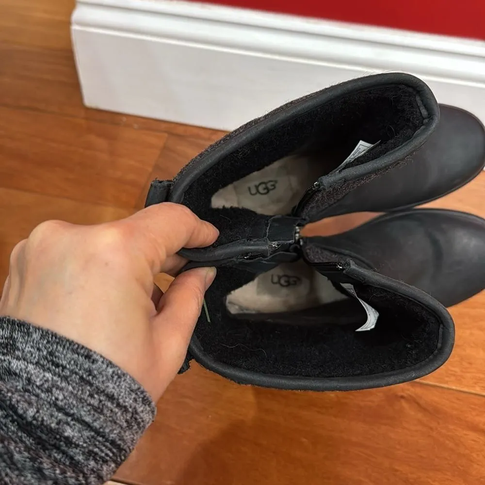 UGG Waterproof Black Leather Wool Shearling Mid-Calf Robbie Moto Boots 5 - Image 9