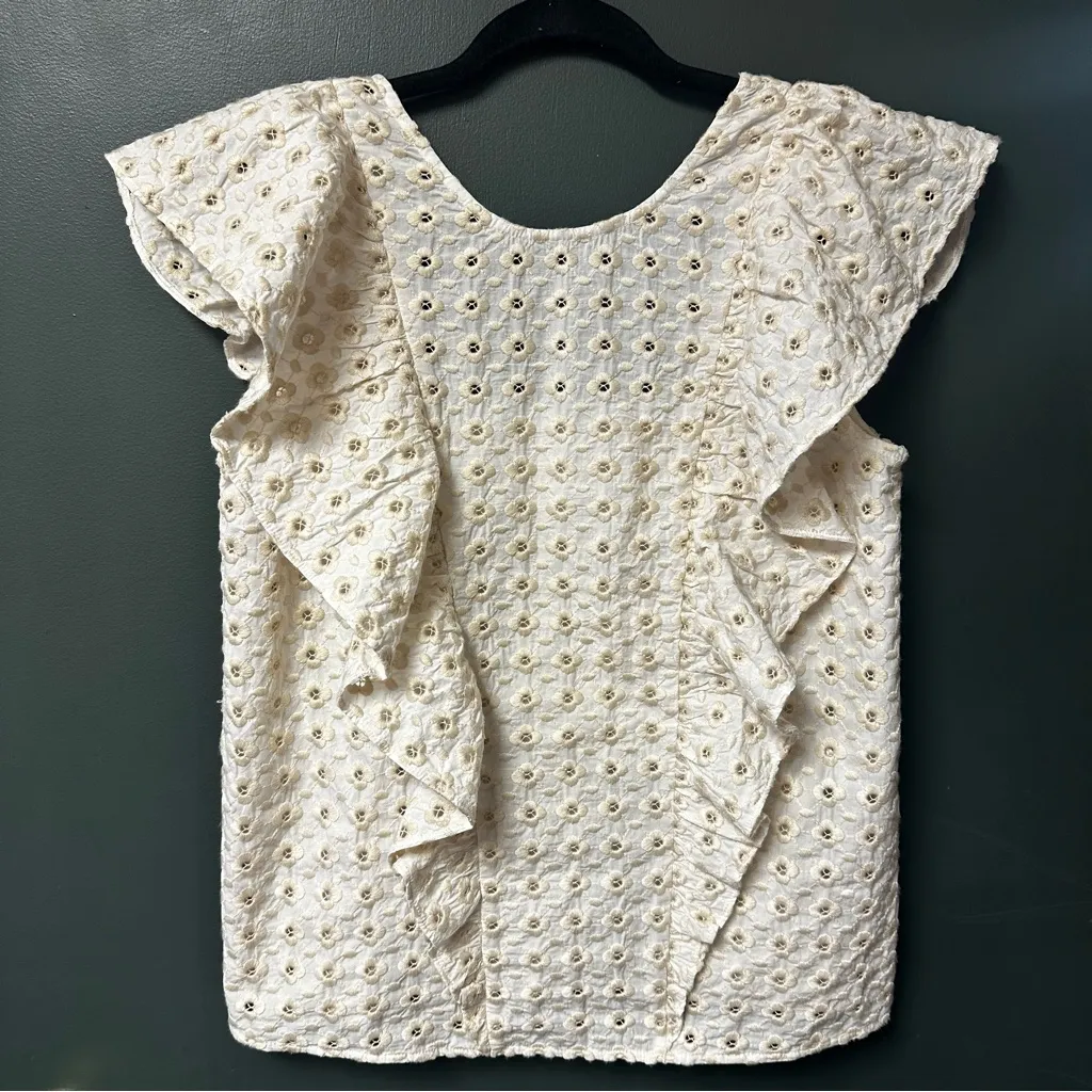 NEW Sezane Forta Blouse in Ecru Beige Womens 2 Cotton Ruffle Embroidered - Image 5