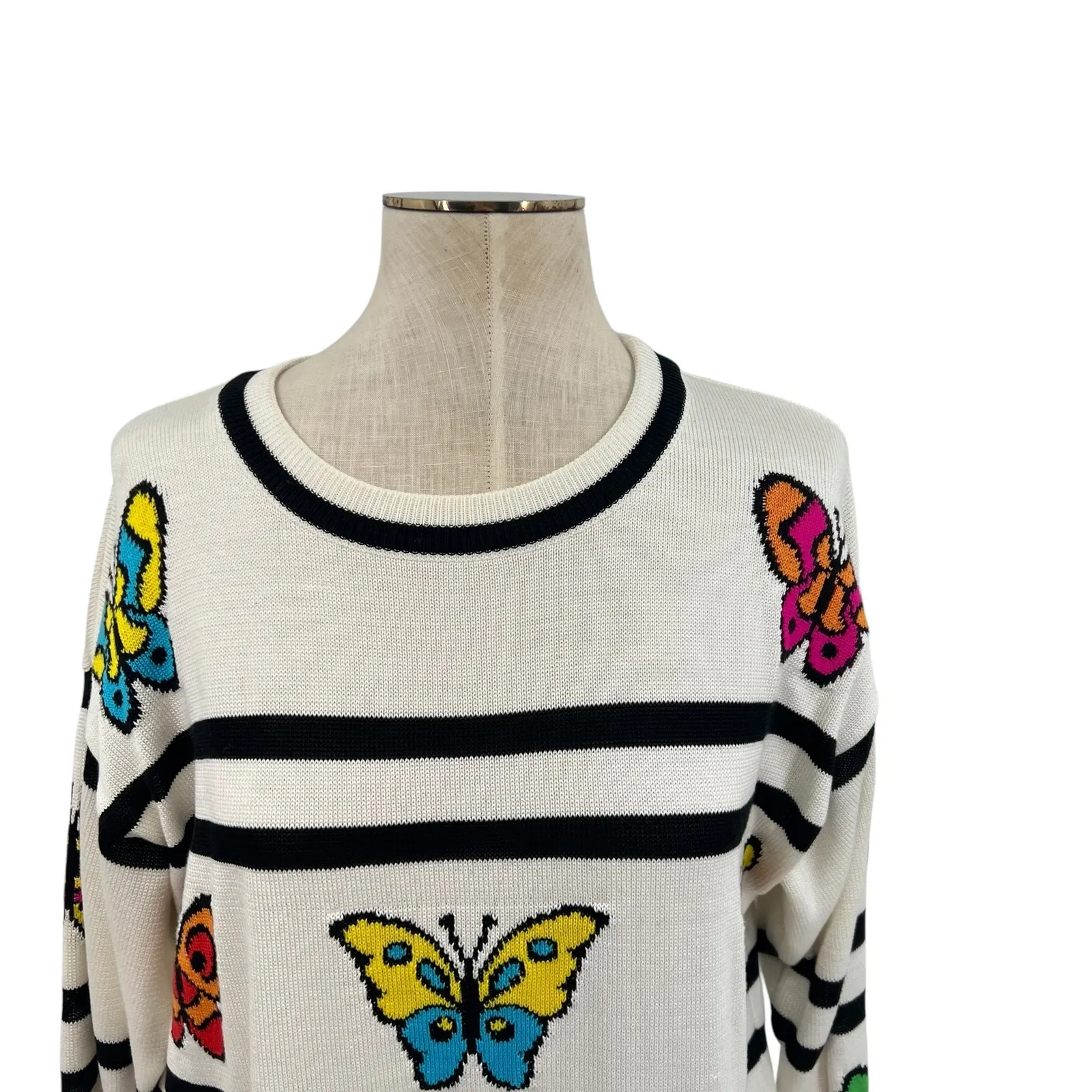 Escada‎ Vintage Sweater Butterfly Stripe Print Cotton Cream Black Size 36 US 6 - Image 2
