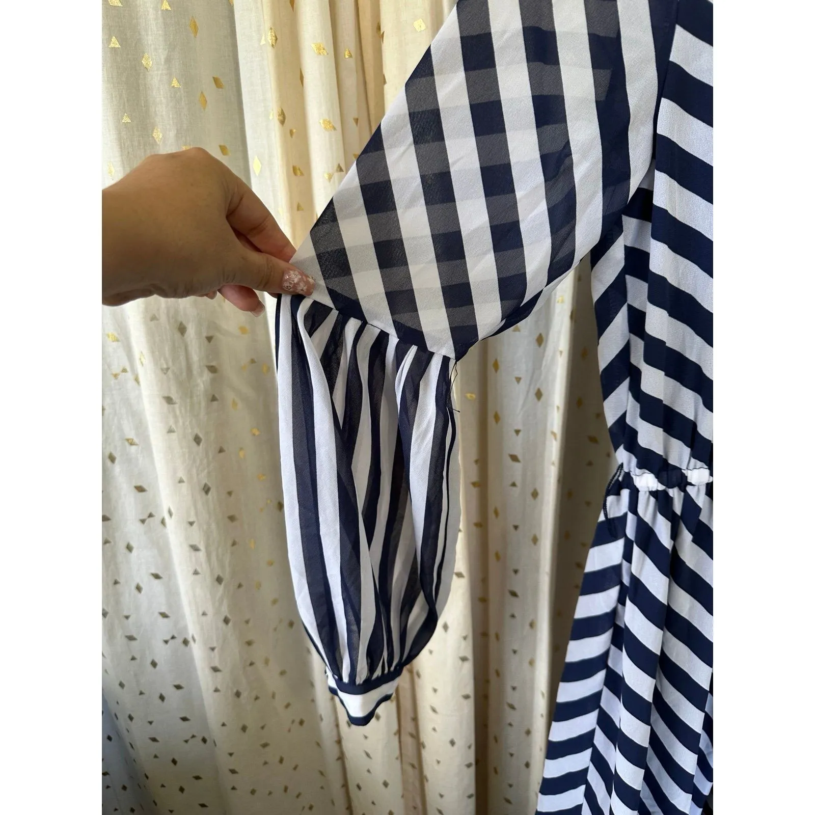 Michael Kors MK Georgette Semi Sheer Lined Chevron Striped Midi Shirtdress XS Blue - Image 4