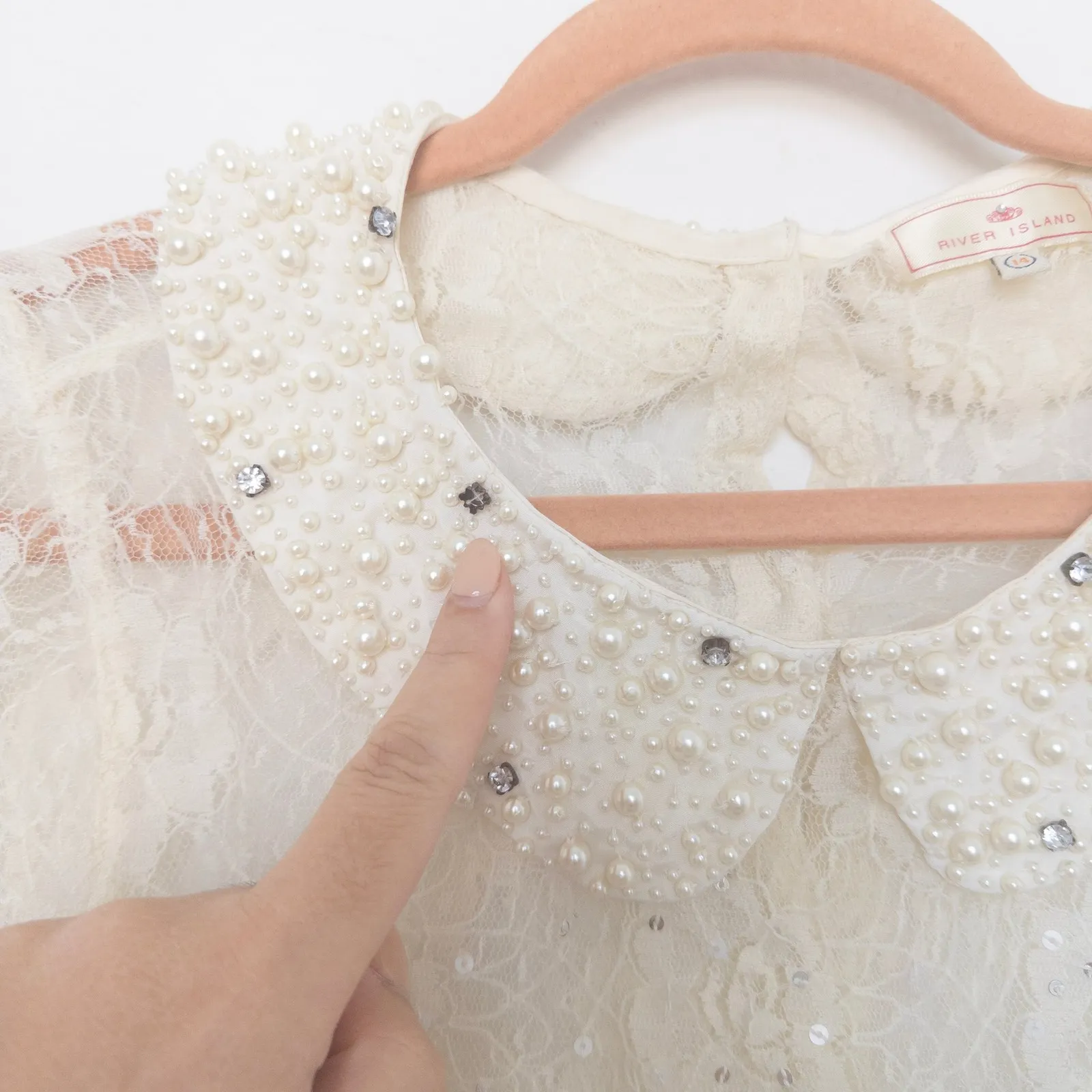 River Island Womens Top Size S Ivory Lace Sheer Pearl‎ Collar Coquette Blouse - Image 5