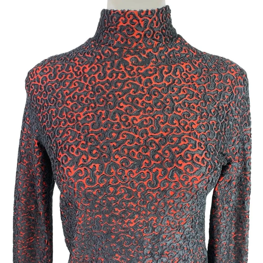 Women's Black Orange Textured Jaquard Turtleneck long Sleeve Sweater Top Size S - Image 3