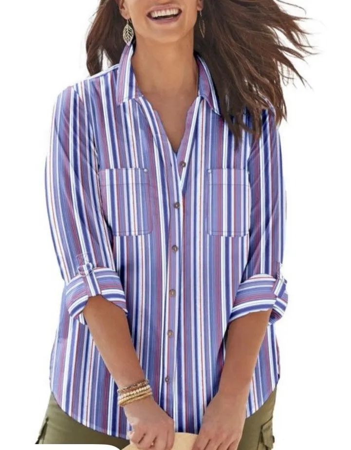 Catherines Red Blue Striped 3/4 Roll Tab Sleeve Button Up Utility Shirt Size 4X - Image 1