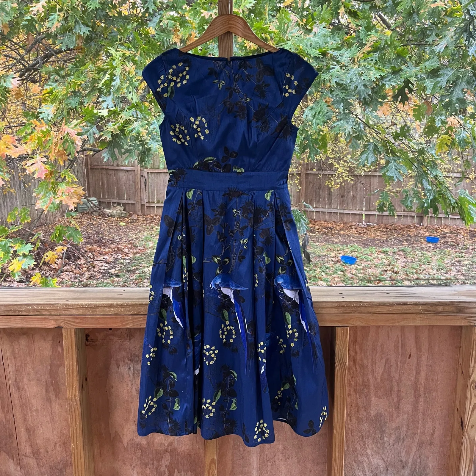 Eshakti Women's Blue Satin Bird Print Fit & Flare Midi Dress Size XS-2 - Image 2