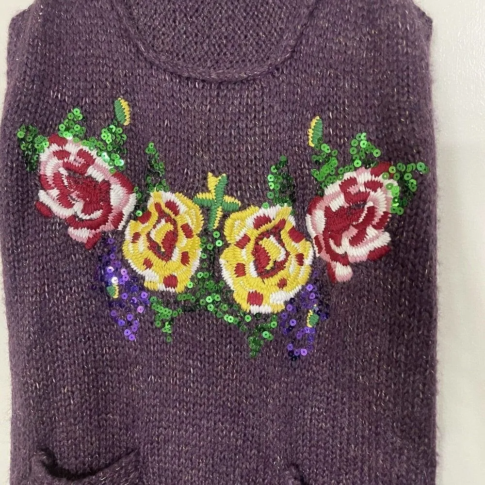DESIGUAL purple knit acrylic wool floral embroidered sequin vest tunic sweater S - Image 2