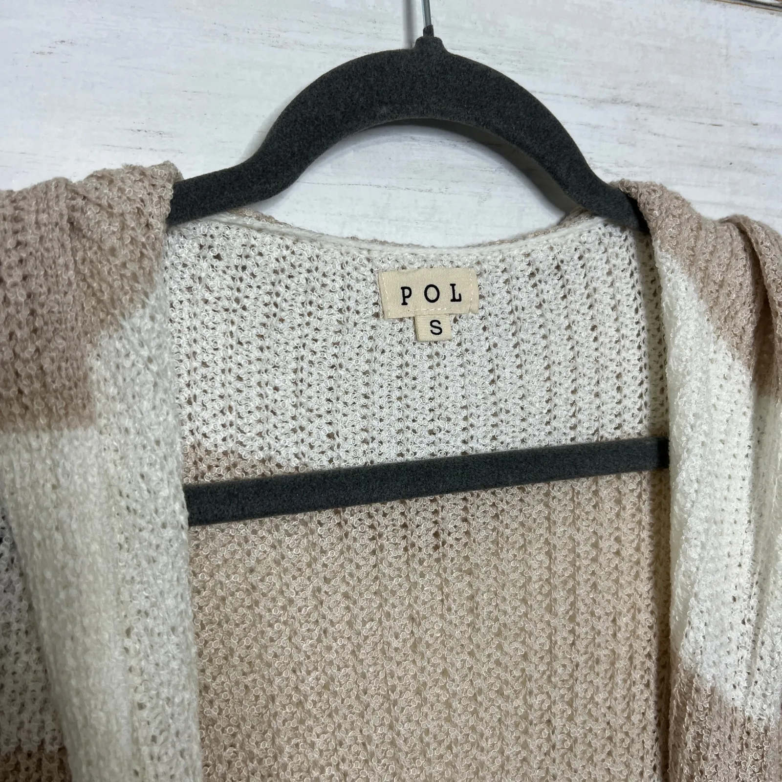 POL Tan Ivory Striped Long Knit Hooded Cardigan Sweater Open Front Size Small - Image 4