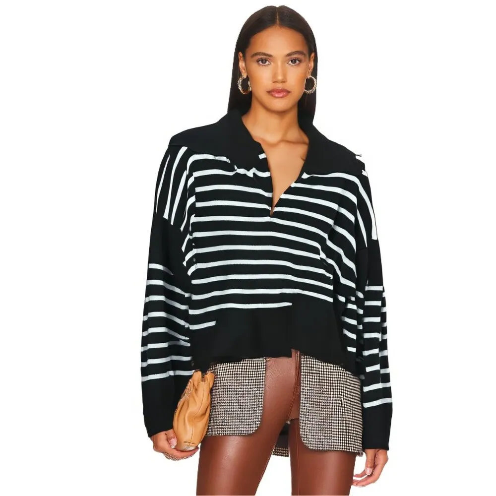 PaperMoon  Black/White Striped Cotton Polo Sweater Size Large - Image 2