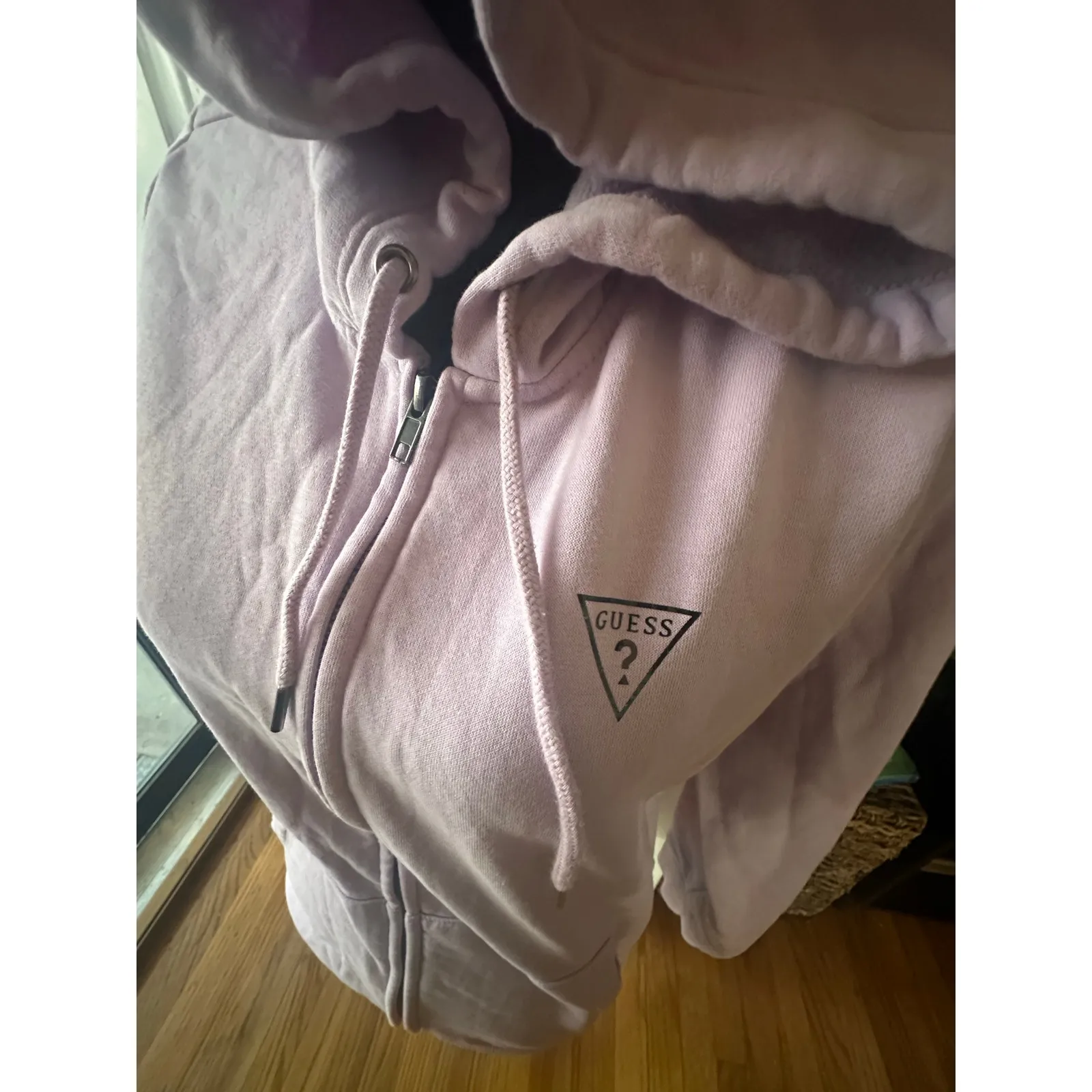 Guess Purple Full-Zip Hoodie – Sequin Logo Sleeve, Soft & Stylish - Image 2