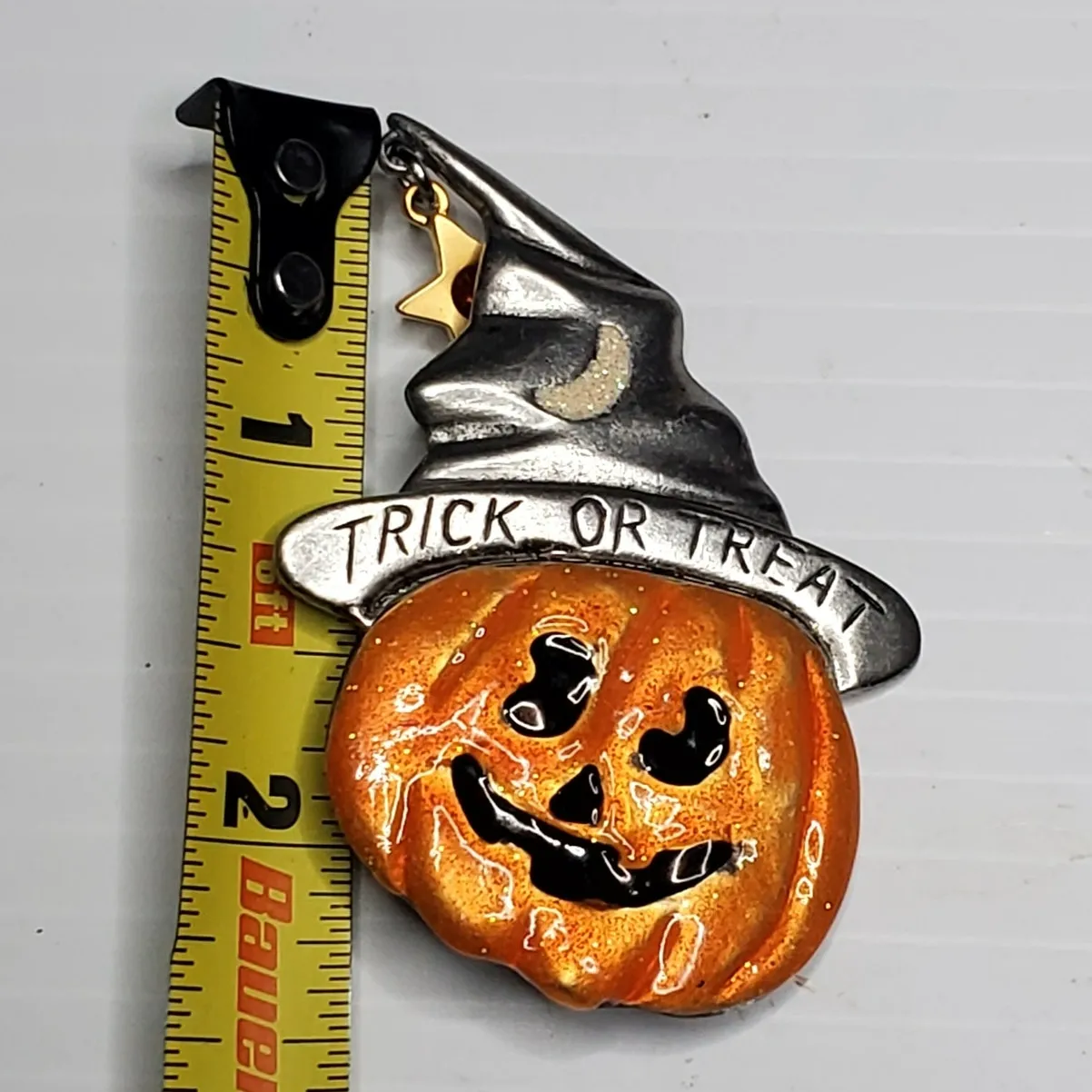 Trick or Treat Jack o Lantern Witch Hat Brooch Enamel Halloween AJMC 2" Vtg Orange - Image 5