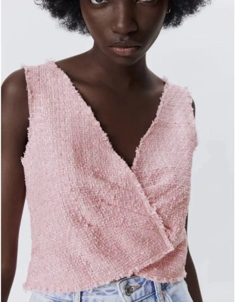 Zara Pink Tweed Top Tank Crop Cropped Fringe S - Image 4