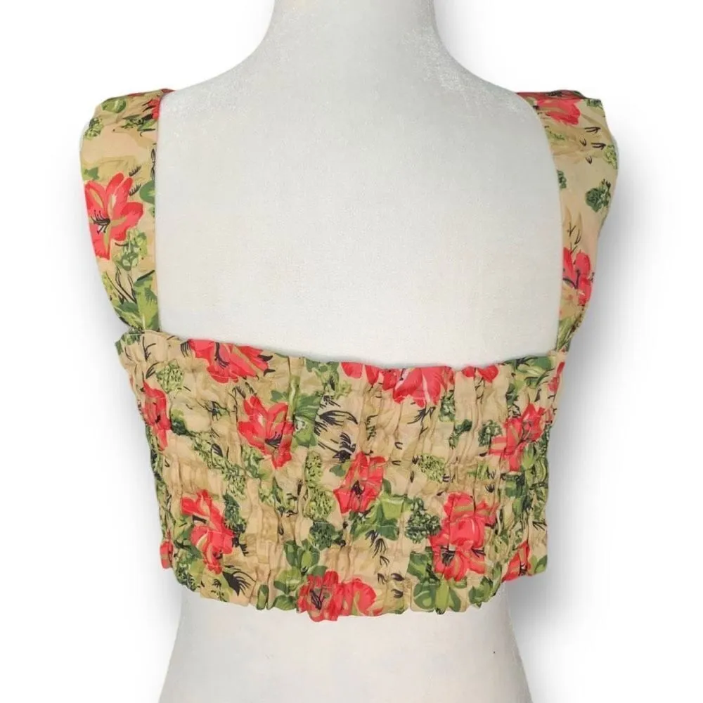 Blistella Crop Top Tan Red Tropical Floral Detail Sleeveless Sweetheart Neck Size M - Image 5