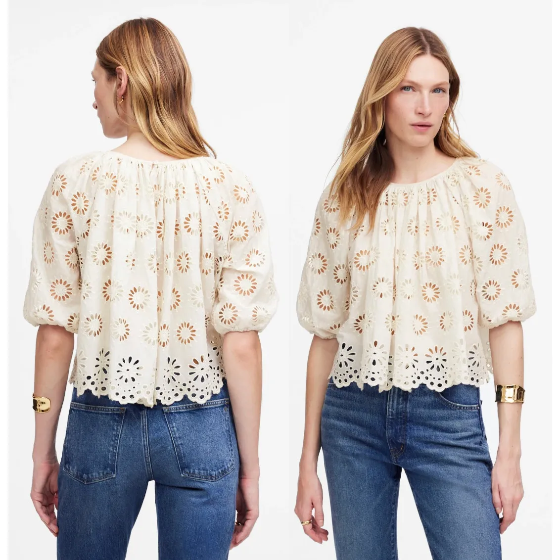 Madewell | NWT Embroidered Shirred Puff-Sleeve Top in Floral Eyelet | Sz XXS - Image 2