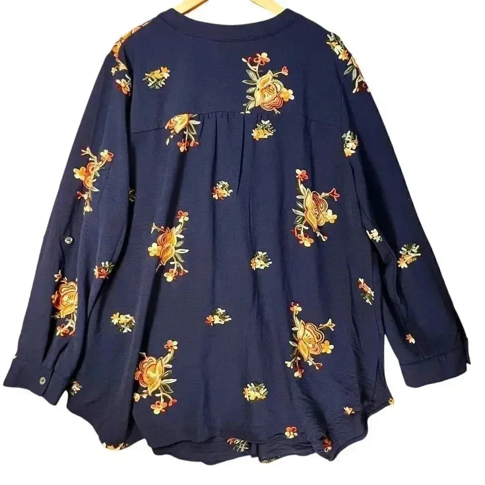 Fig & Flower Women’s Navy Floral Embroidered Long Sleeve Bohemian Blouse 2X‎ Blue - Image 2