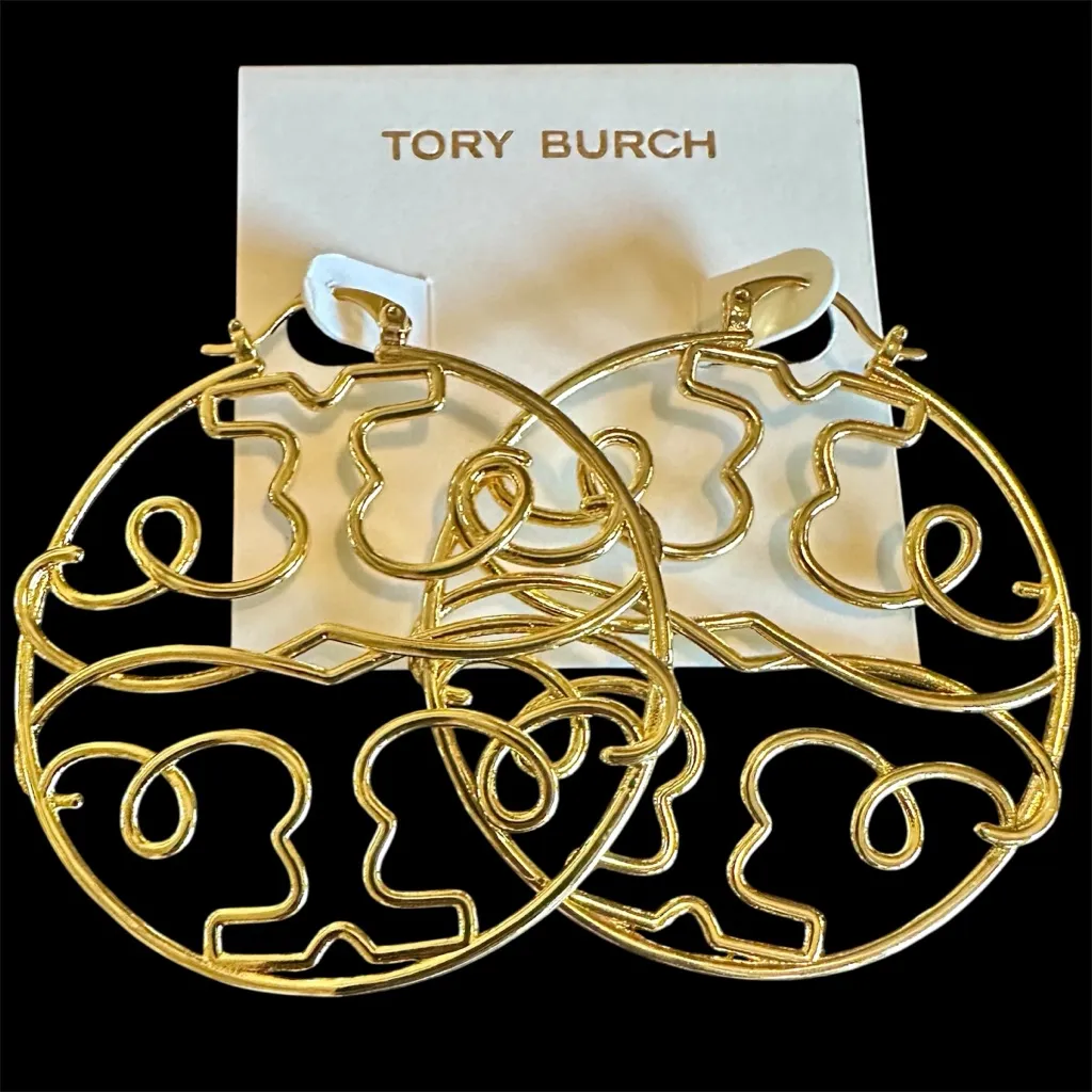 New AUTH TORY BURCH TWISTED MILLER TORY GOLD 2” HOOP on TB Earring Card - Image 3