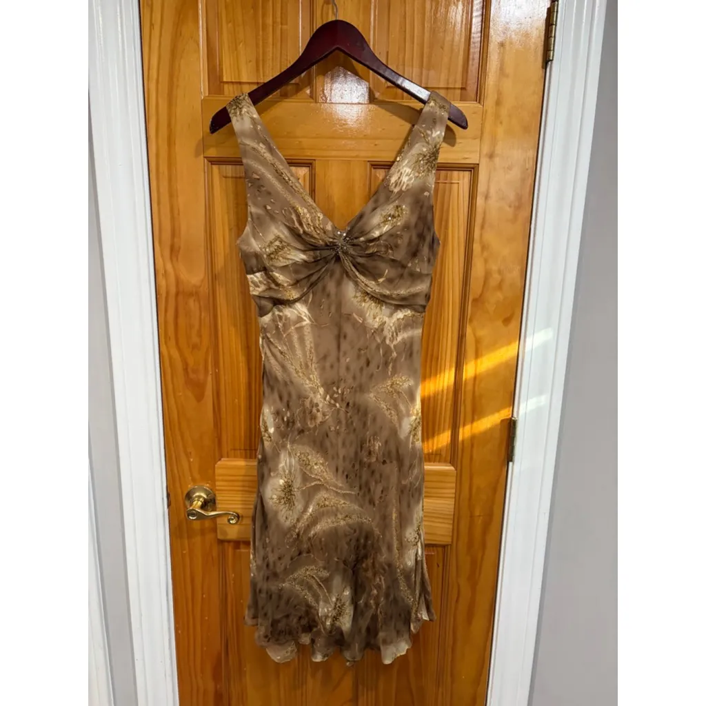 Vintage Morrell Maxie Beaded Silk Blend Brown Gold Cocktail Evening Dress 14 - Image 7