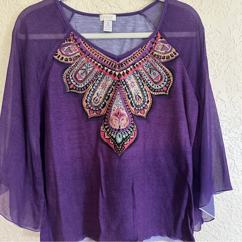 Chico's Purple Tunic Top Embroidered & Rhinestone Accents 3/4 Bell Sleeve Size 1 - Image 4