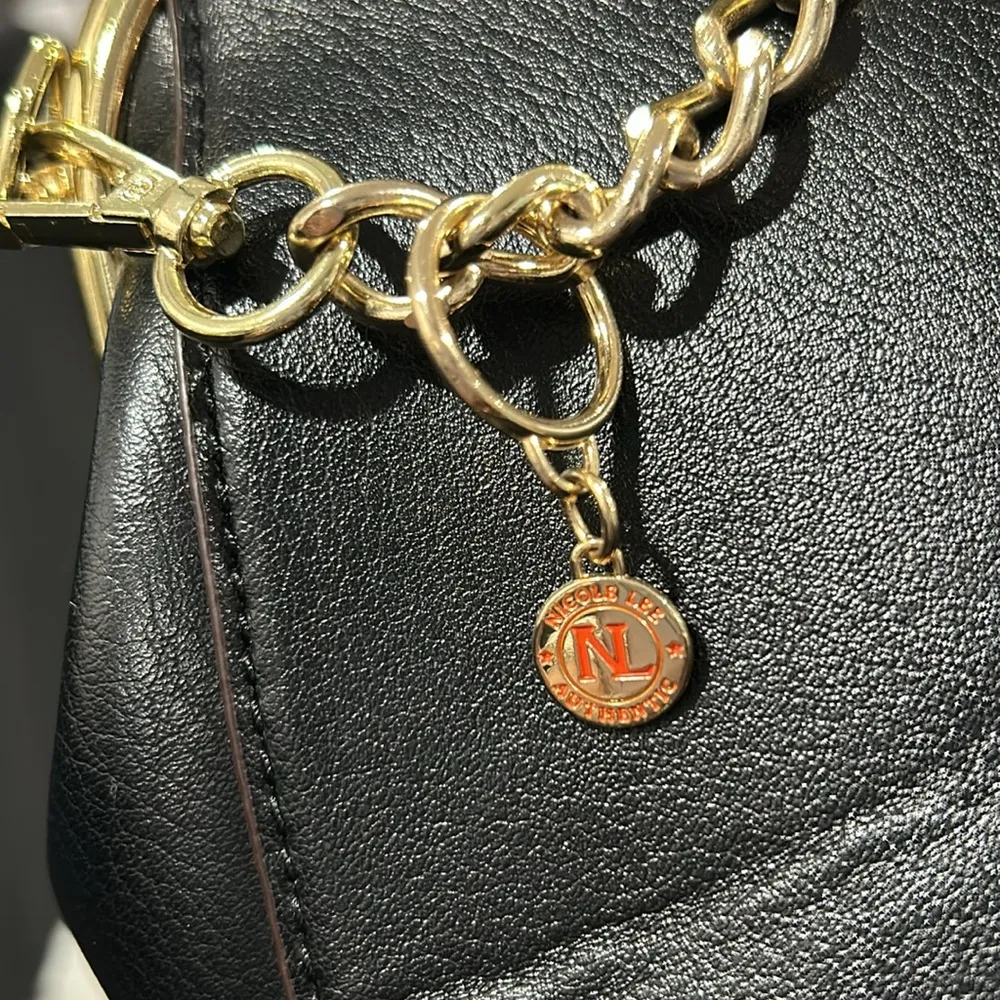 Black Crossbody Bag with Gold Chain and Decorative Patches - Image 3