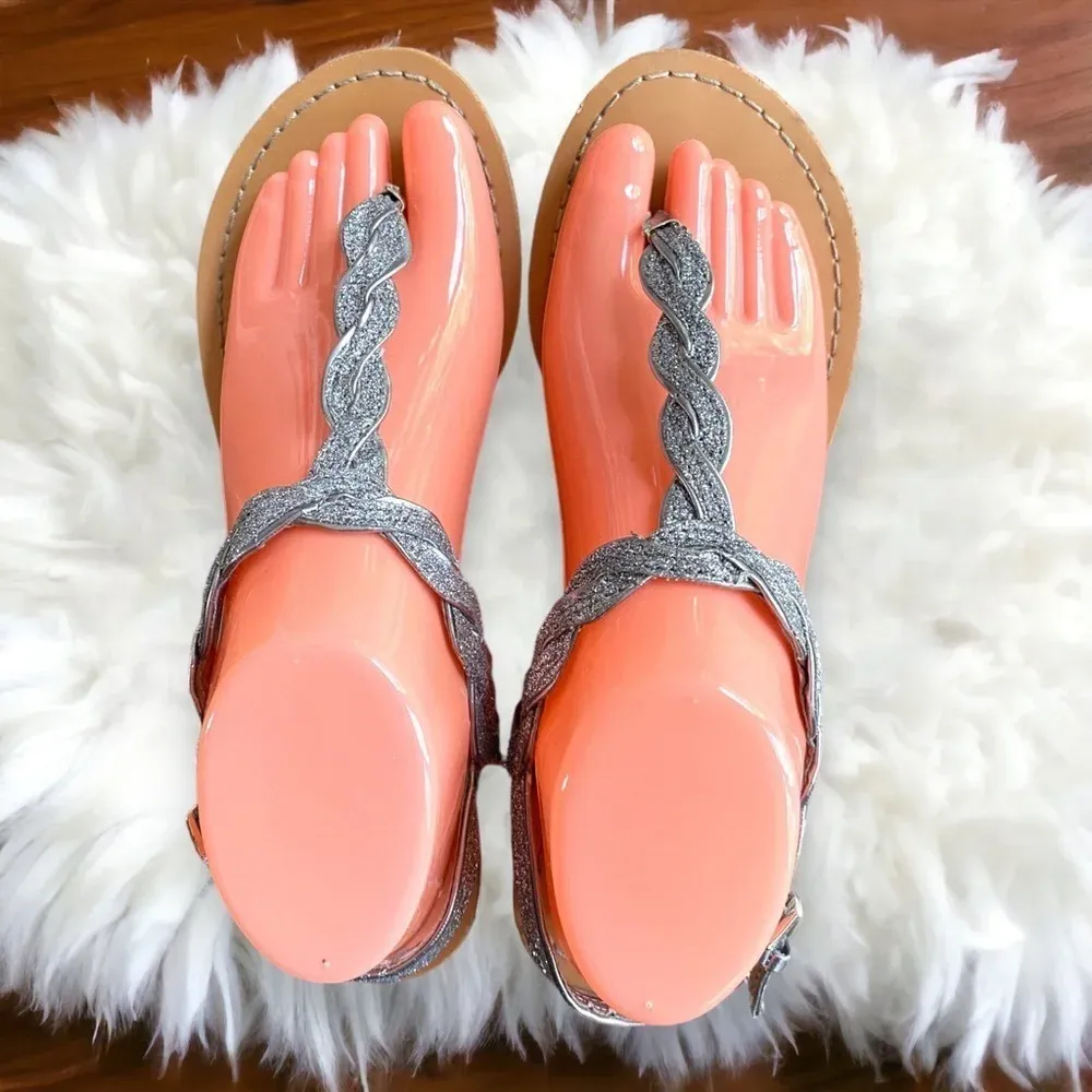 Womens Thong‎ Sandals Silver Braided Strap Ankle Buckle Comfort Casual - Image 8