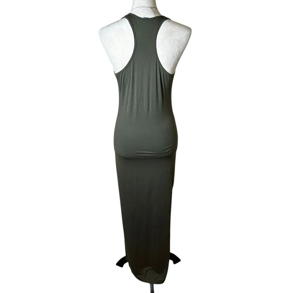 Maze Olive Green Bodycon Stretchy Tank Maxi Dress Side Slits Casual Minimalist Size L - Image 3