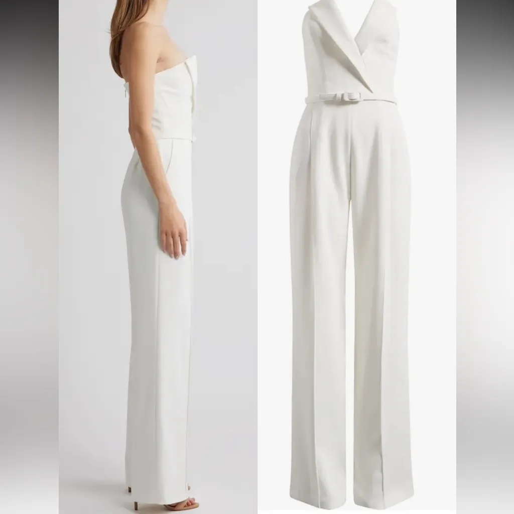 NWOT NADINE MERABI Vanessa Strapless Belted Crepe Flare White Jumpsuit sz 10 - Image 3