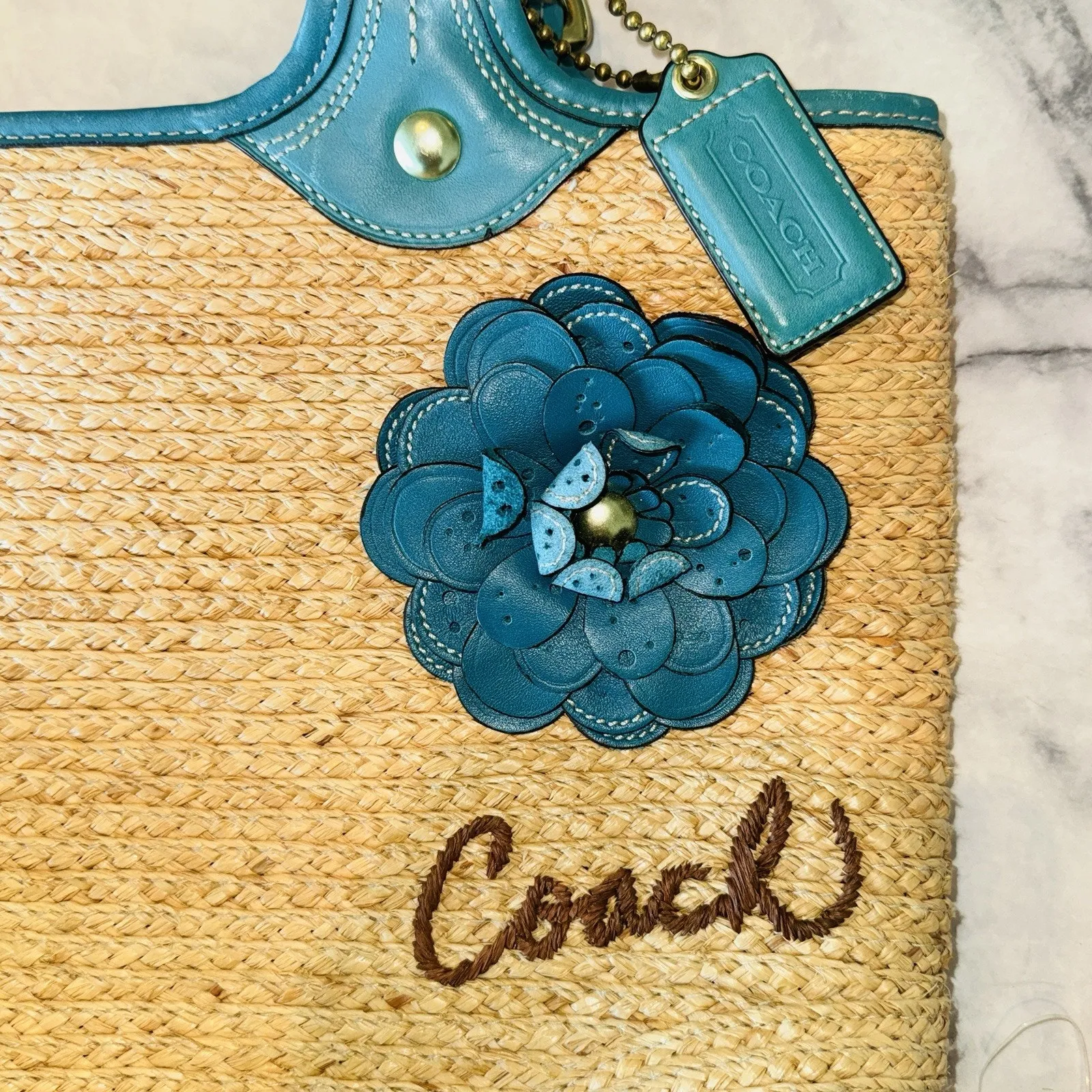 Vintage Coach Bleecker Natural Straw Tote Bag Teal Leather Boho Chic 15x13" Y2K - Image 4