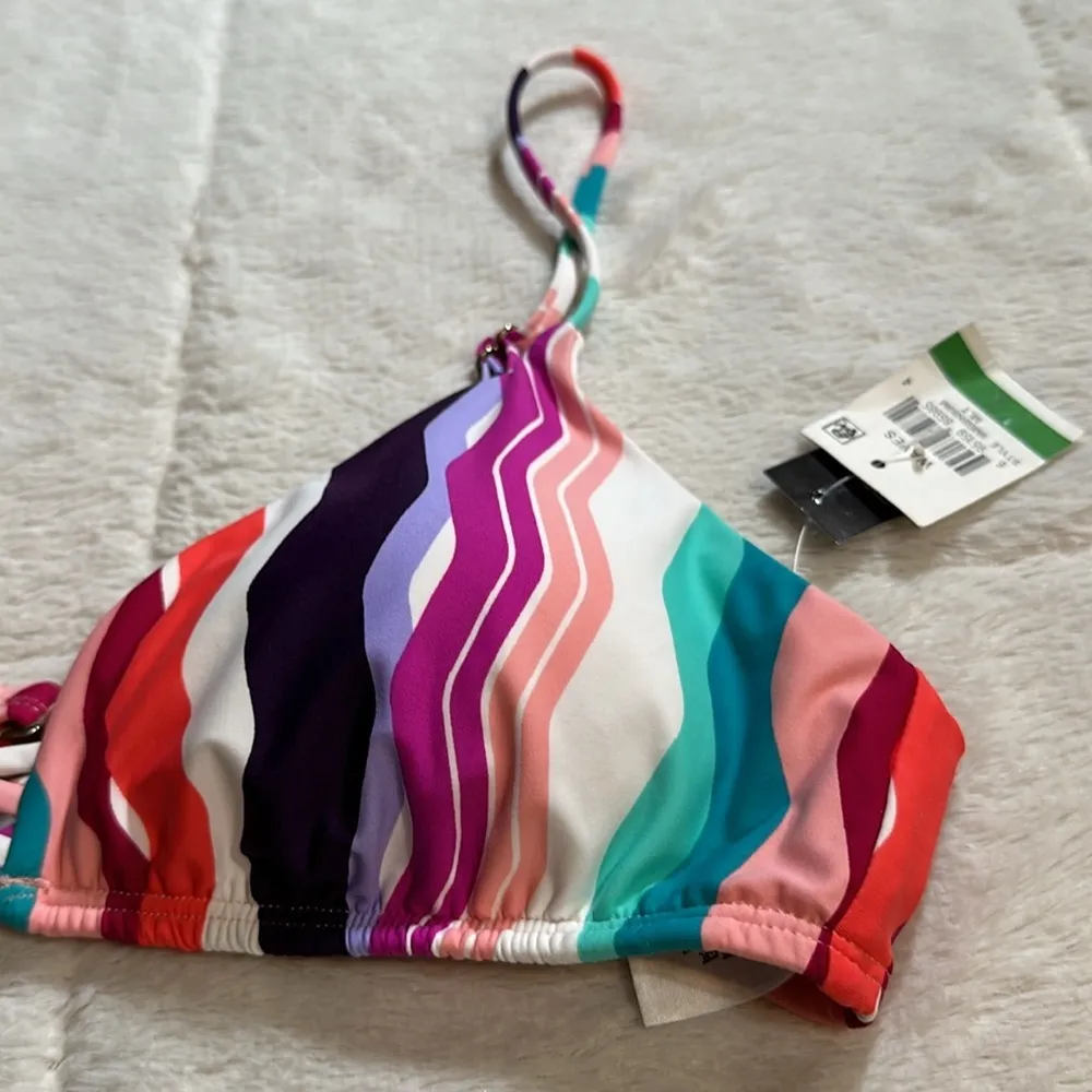 Multi Waves Printed Strappy Bralette Bikini Swim Top Pink Purple size L - Image 8
