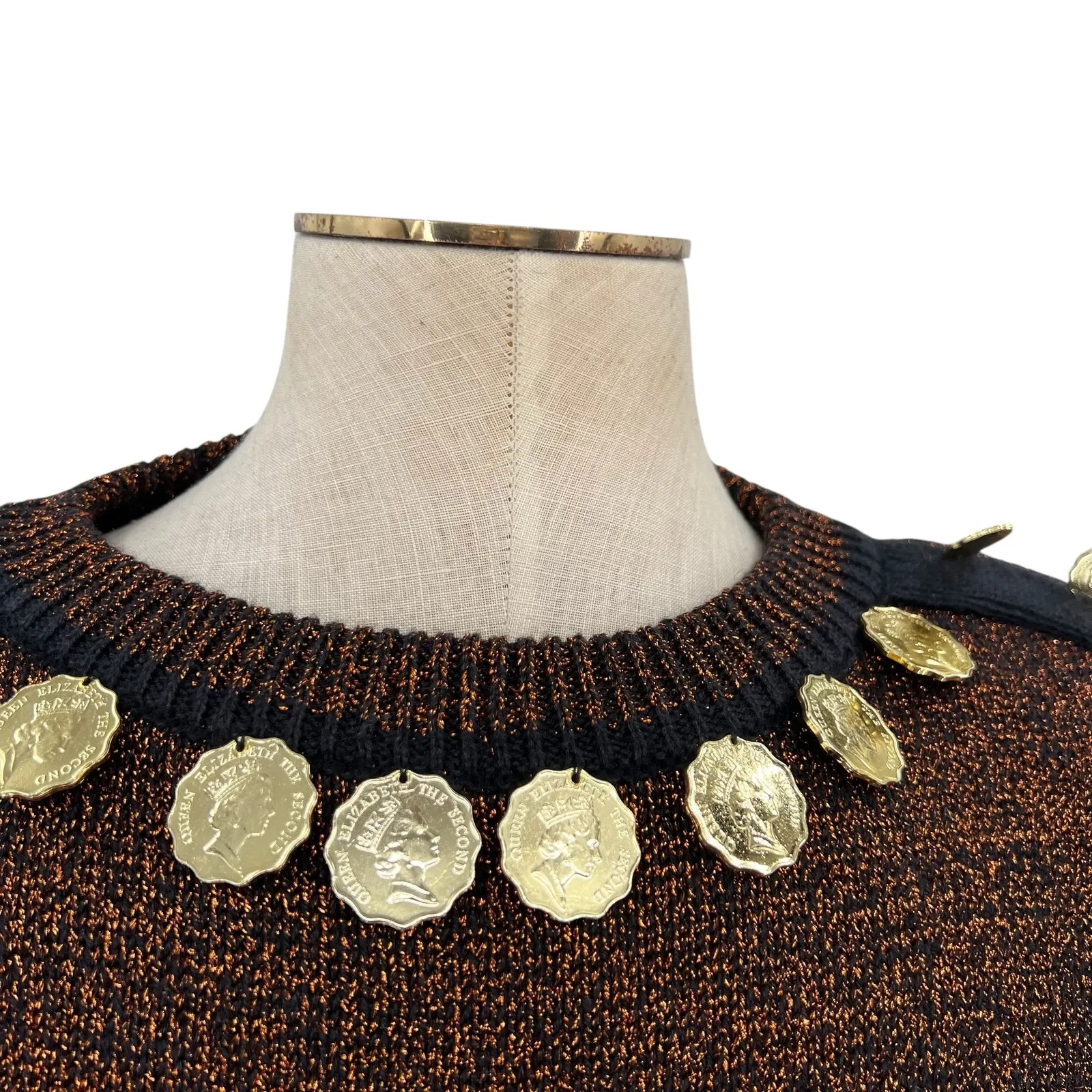 Bonnie‎ Boerer Vintage Sweater Coin Trim Metallic Glitter Gold Size Large - Image 3