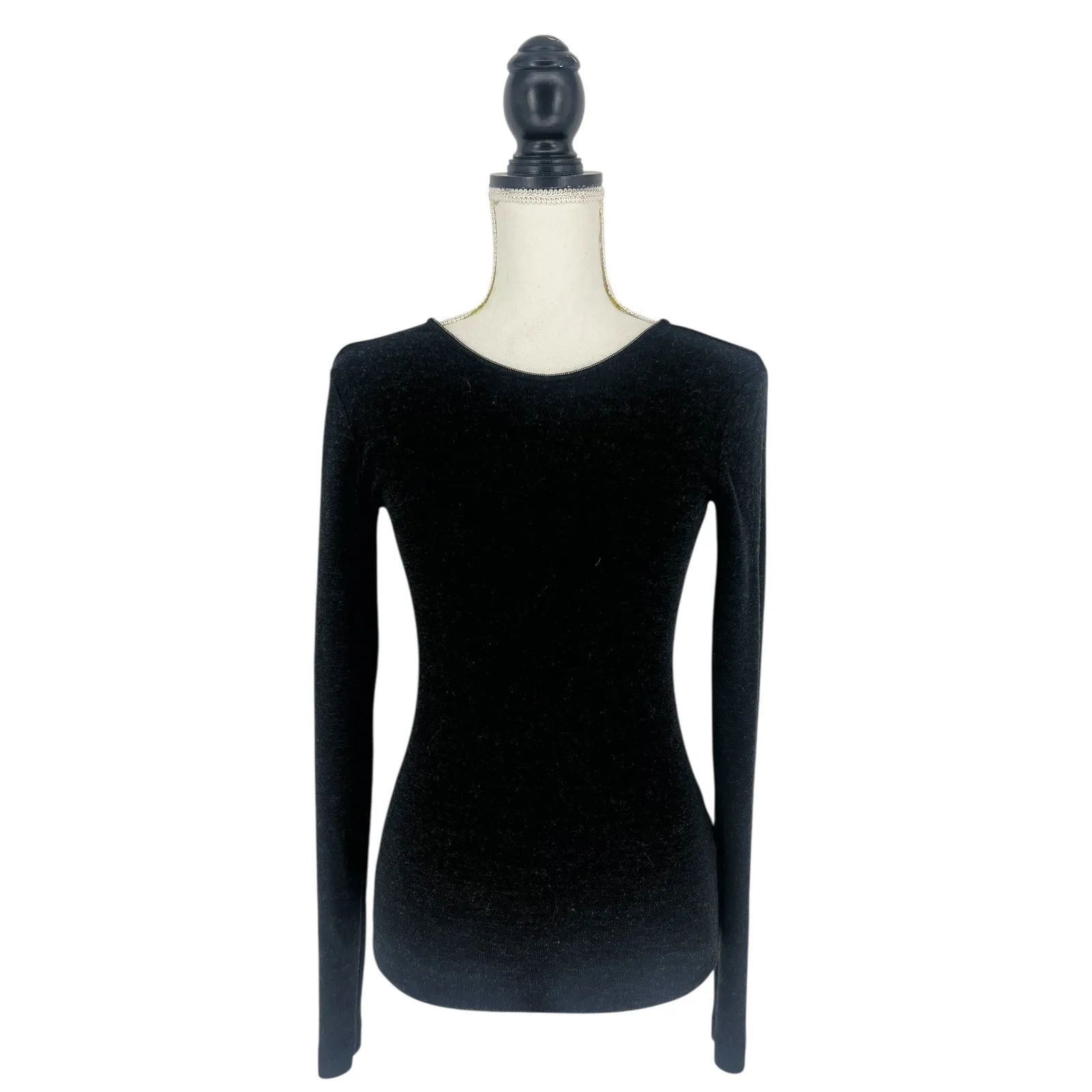 Brunello Cucinelli Monili Trim Virgin Wool Low Back Long Sleeve Top Dark Gray - Image 3