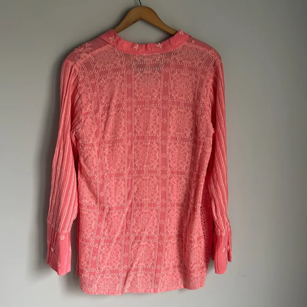 Johnny Was NYX Button Down Embroidered Eyelet Shirt Tunic in Coral Sunset Medium - Image 3
