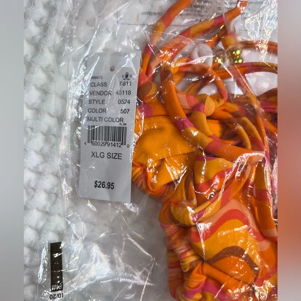 Kendall + Kylie Bikini Bottoms Womens XL Orange Splash High Cut Side Tie B3 - Image 2