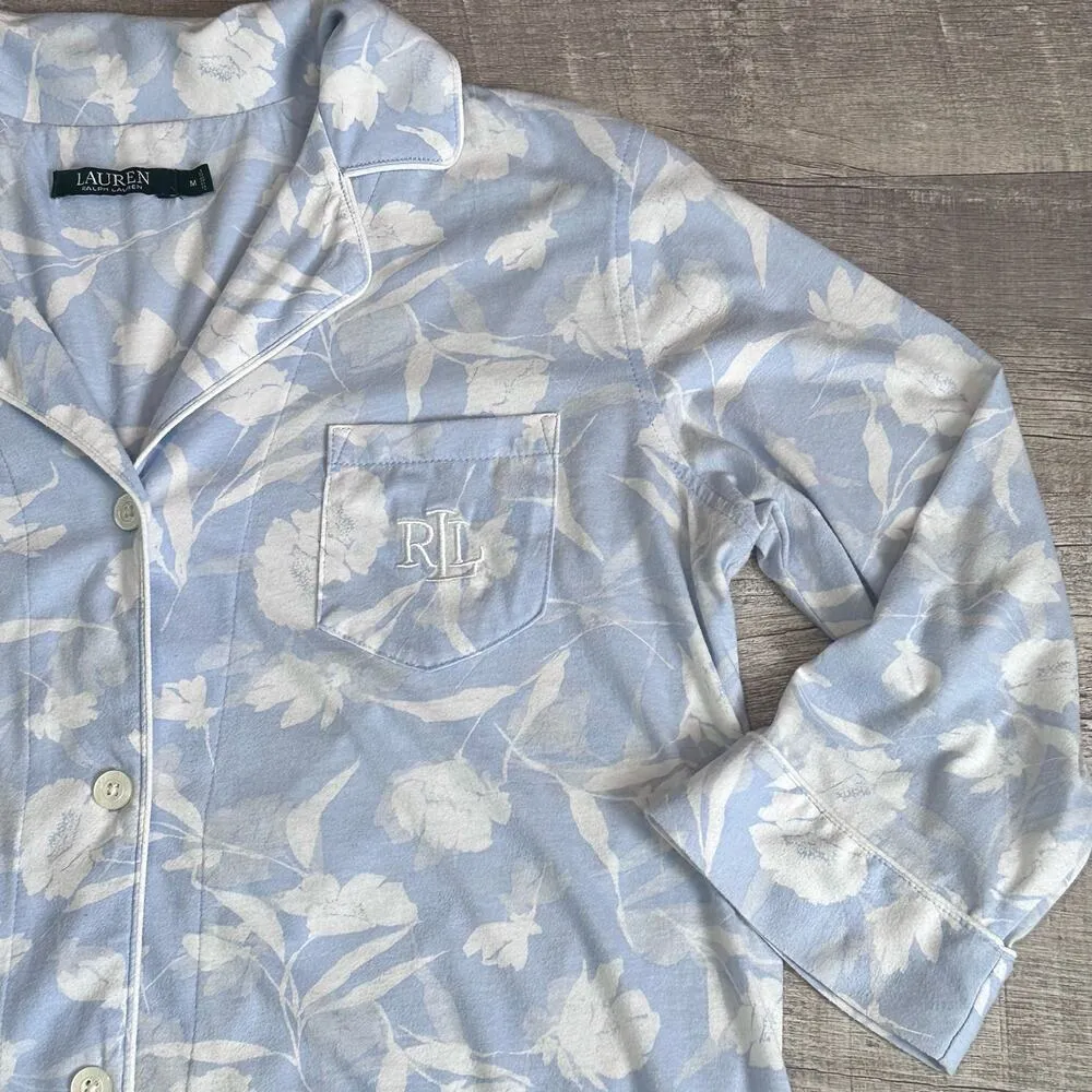 Lauren  Floral Long Sleeve Sleep Shirt M Blue White Monogram Pocket - Image 3
