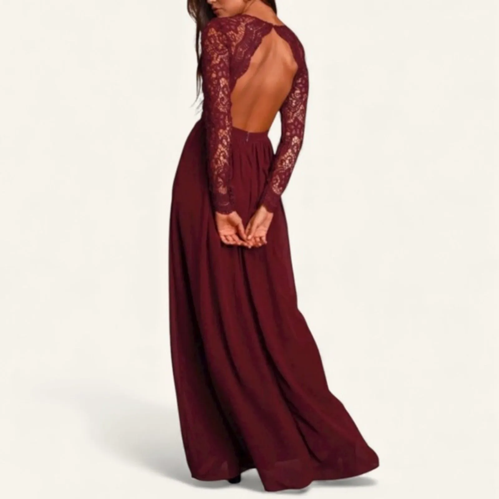 NWT Lulus Awaken My Love Burgundy Long Sleeve Lace Maxi Dress Size Medium NEW - Image 4