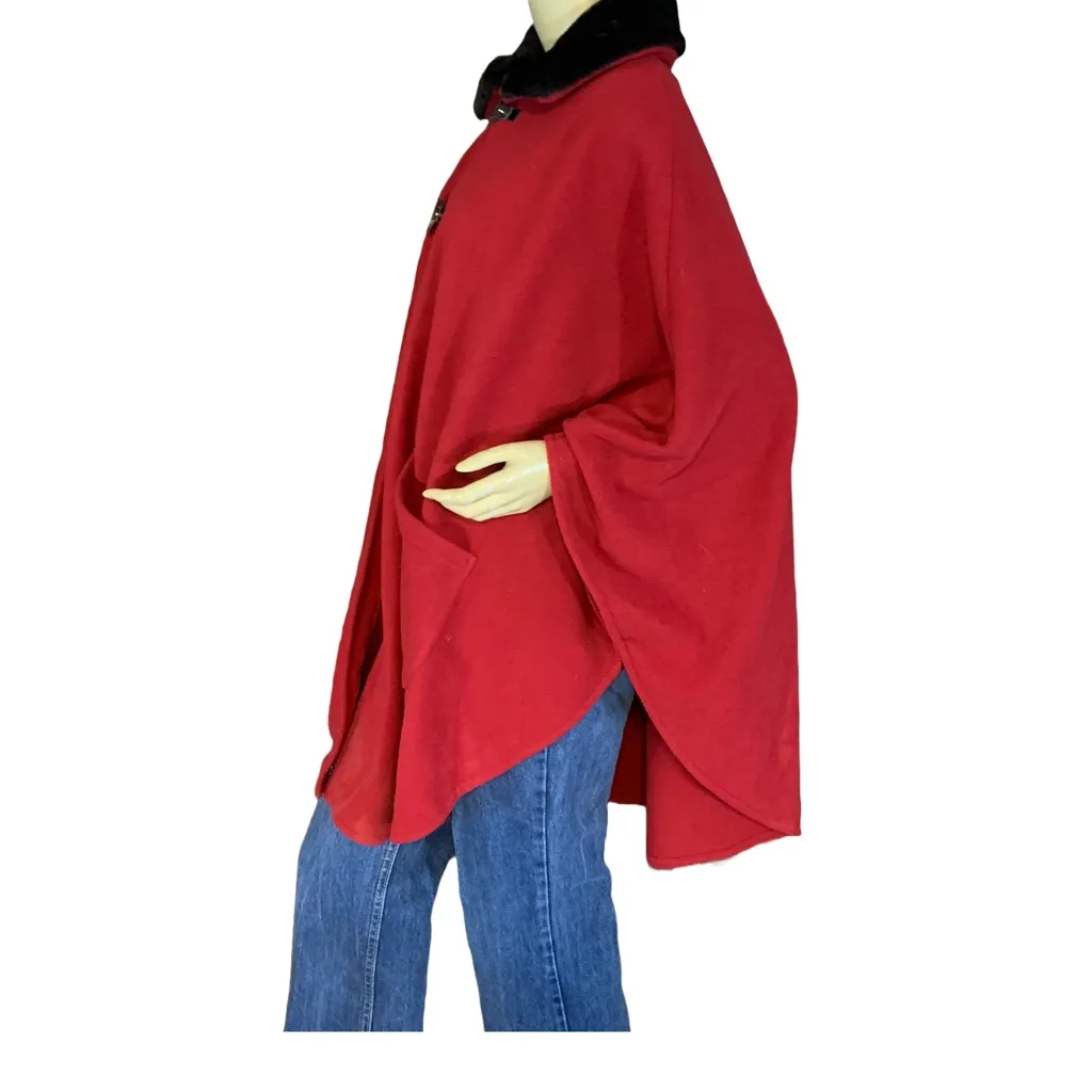LE MODA RED FLEECE W/BLACK FAUX FUR COLLAR PONCHO (OSFM) Black Size undefined - Image 5